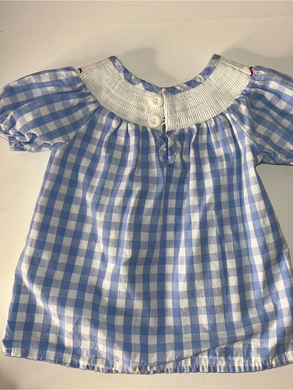 Blue Gingham Smocked Top and Red Bloomers Girls Chicken Red Barn Matching Set